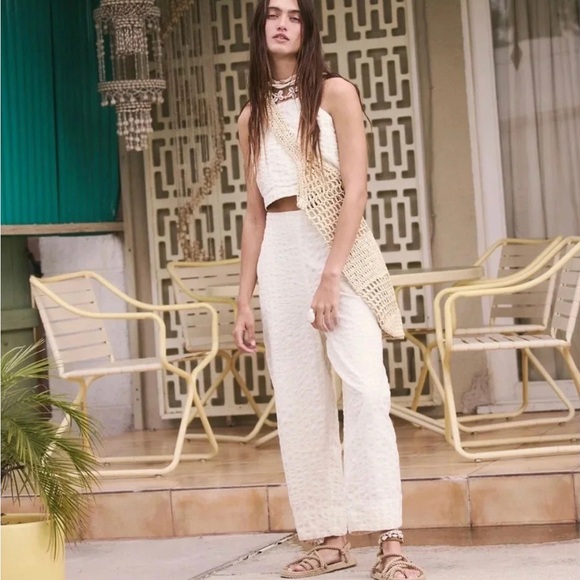 Free People Tulip Set Cream Bohemian Jumpsuit with Wide-Leg Pants - Picture 1 of 11